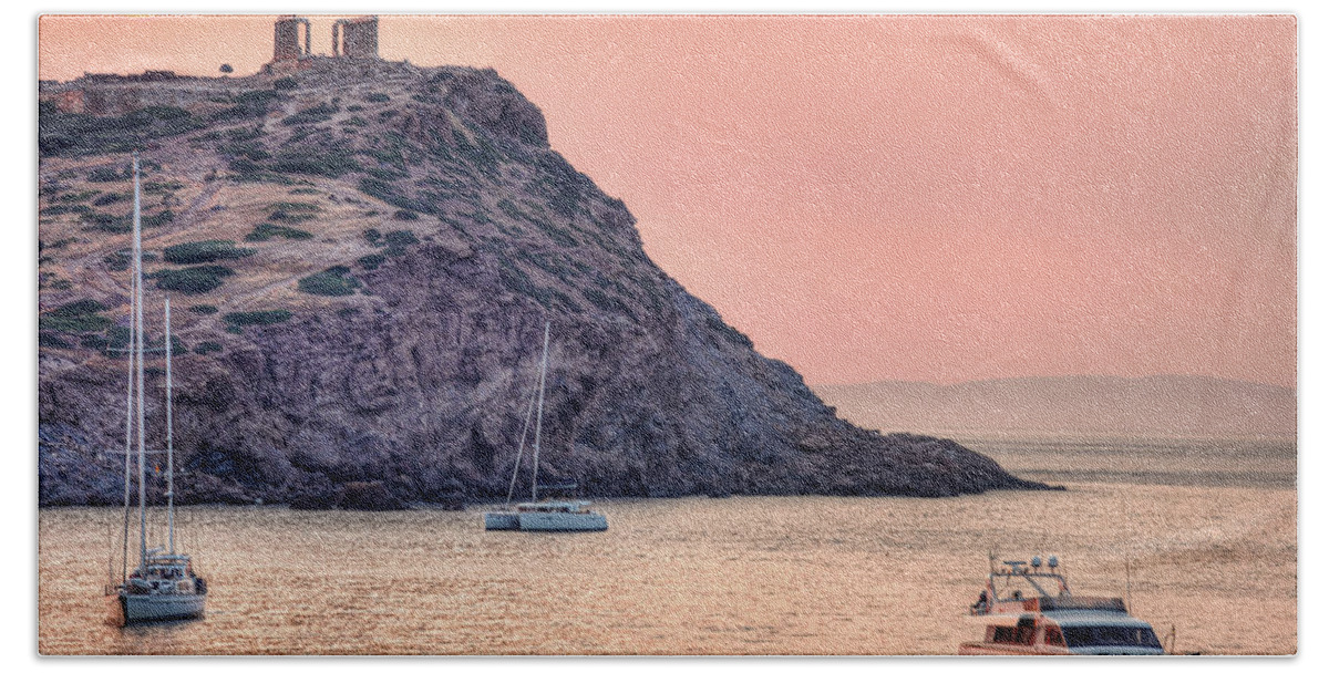 Aegean Beach Towel featuring the photograph The sunrise in Sounio, Greece by Constantinos Iliopoulos