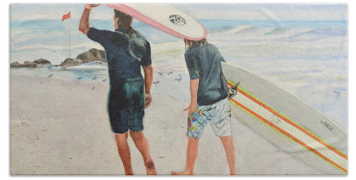 Stone Harbor Nj Art Beach Towel featuring the painting The Surf Lesson by Patty Kay Hall