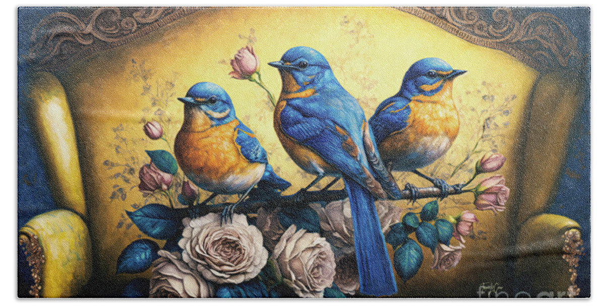 Eastern Bluebird Beach Towel featuring the painting The Victorian Bluebird Trio by Tina LeCour