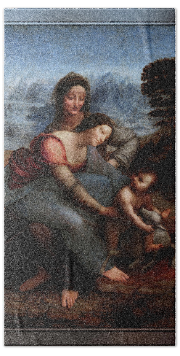 Virgin And Child Beach Towel featuring the painting The Virgin and Child with St. Anne by Leonardo da Vinci by Rolando Burbon