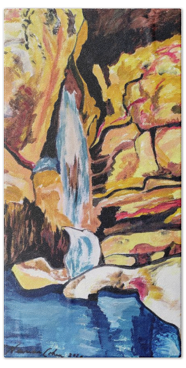 The Waterfall At Ein Gedi Beach Sheet featuring the painting The Waterfall at Ein Gedi by Esther Newman-Cohen