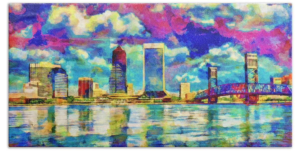 Downtown Jacksonville Beach Towel featuring the digital art The waterfront of downtown Jacksonville, Florida - colorful painting by Nicko Prints