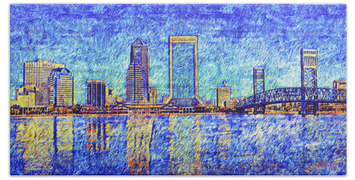 Downtown Jacksonville Beach Towel featuring the digital art The waterfront of downtown Jacksonville, Florida - digital painting by Nicko Prints