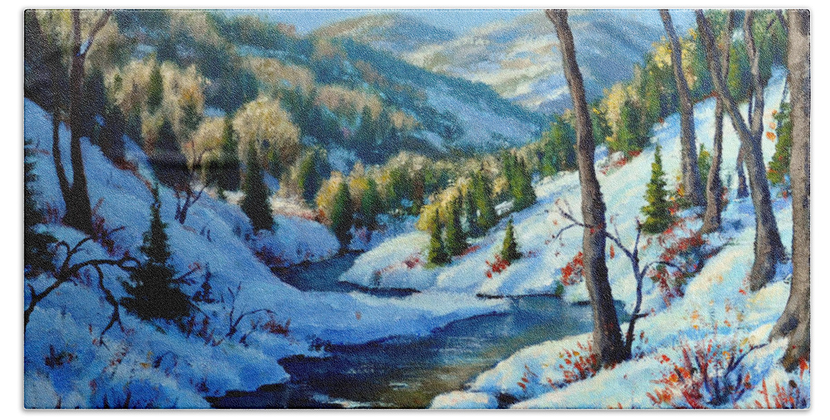 Winter Landscape Beach Towel featuring the painting The Winter Stream by Rick Hansen