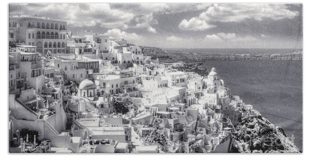 Fira Beach Towel featuring the photograph Thera - Fira City on Santorini - Greece BW by Stefano Senise