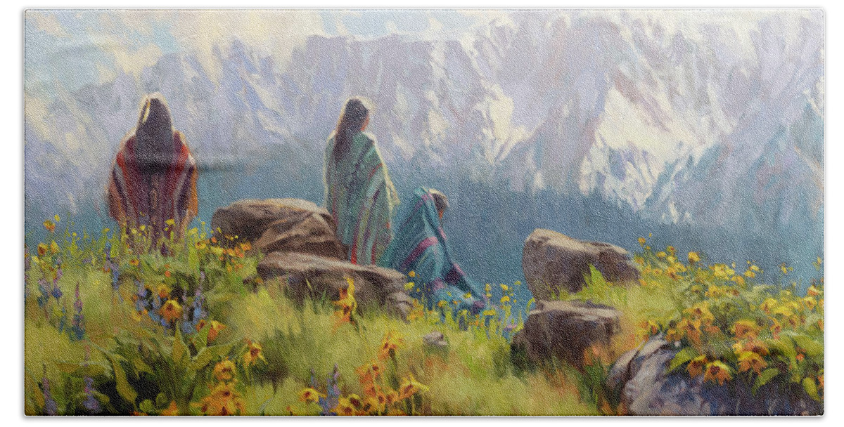 Nez Perce Beach Sheet featuring the painting This Was Our Shangri-La by Steve Henderson