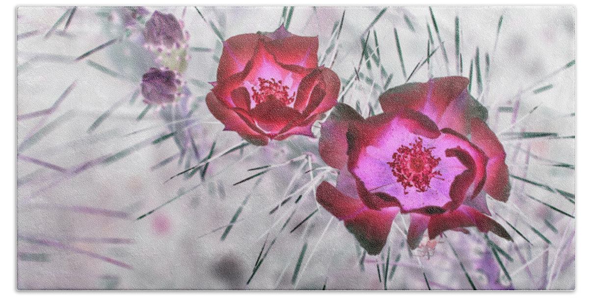 Cactus Beach Towel featuring the photograph Thorny Situation in Red by Missy Joy