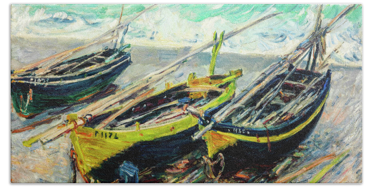 Three Fishing Boats Beach Towel featuring the painting Three Fishing Boats by Claude Monet by Claude Monet