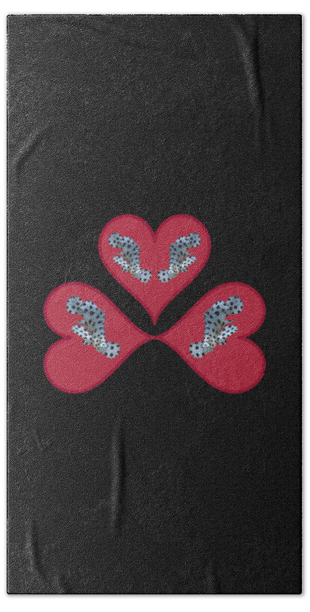 Juvenile Fish Beach Towel featuring the mixed media Three hearts in red - Cute motif of young fish - Black Background - by Ute Niemann