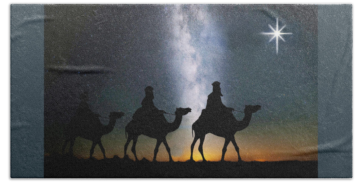 Three Kings Beach Towel featuring the mixed media Three Kings Going To Bethlehem by Sandi OReilly