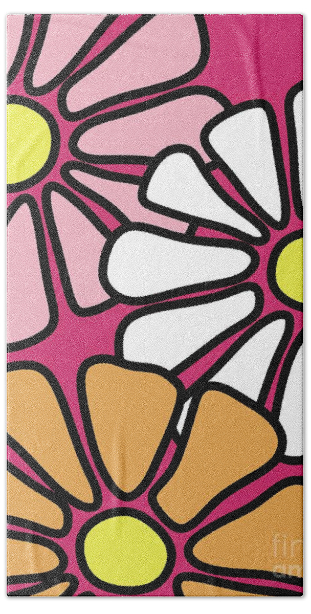 Flower Power Beach Towel featuring the digital art Three Mod Flowers Pink by Donna Mibus