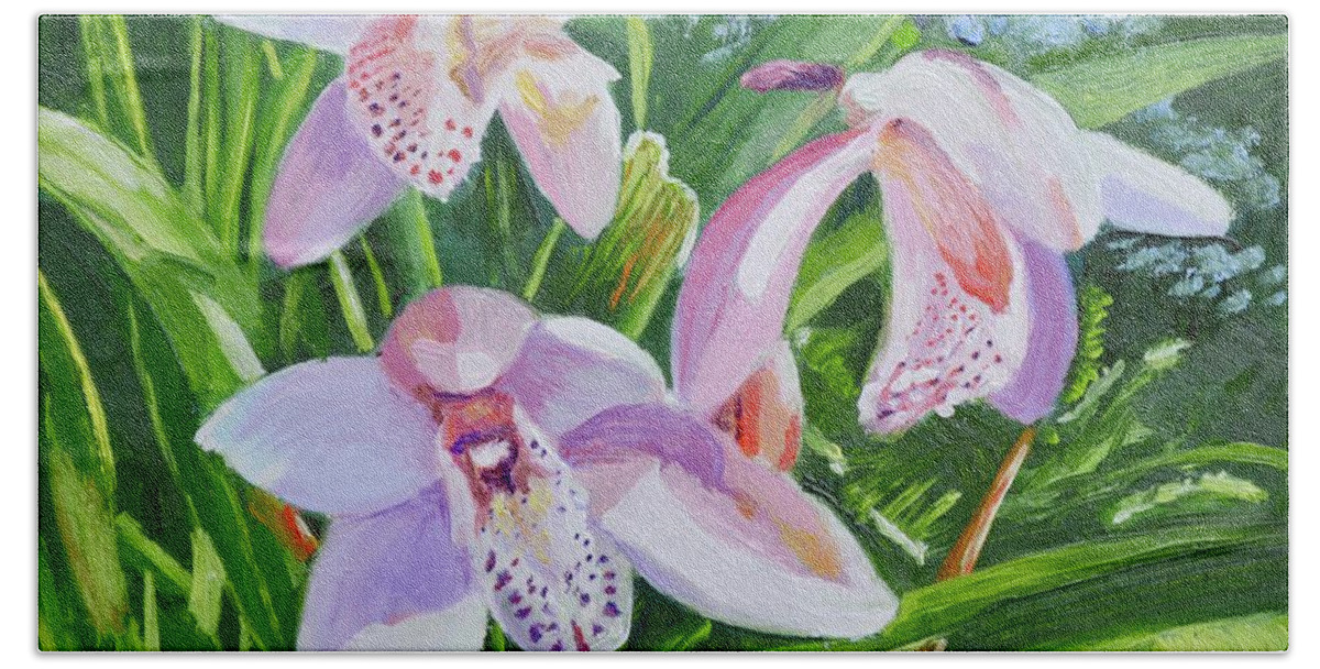 Flowers Beach Towel featuring the painting Three Pink Cymbidium Orchids by Dai Wynn