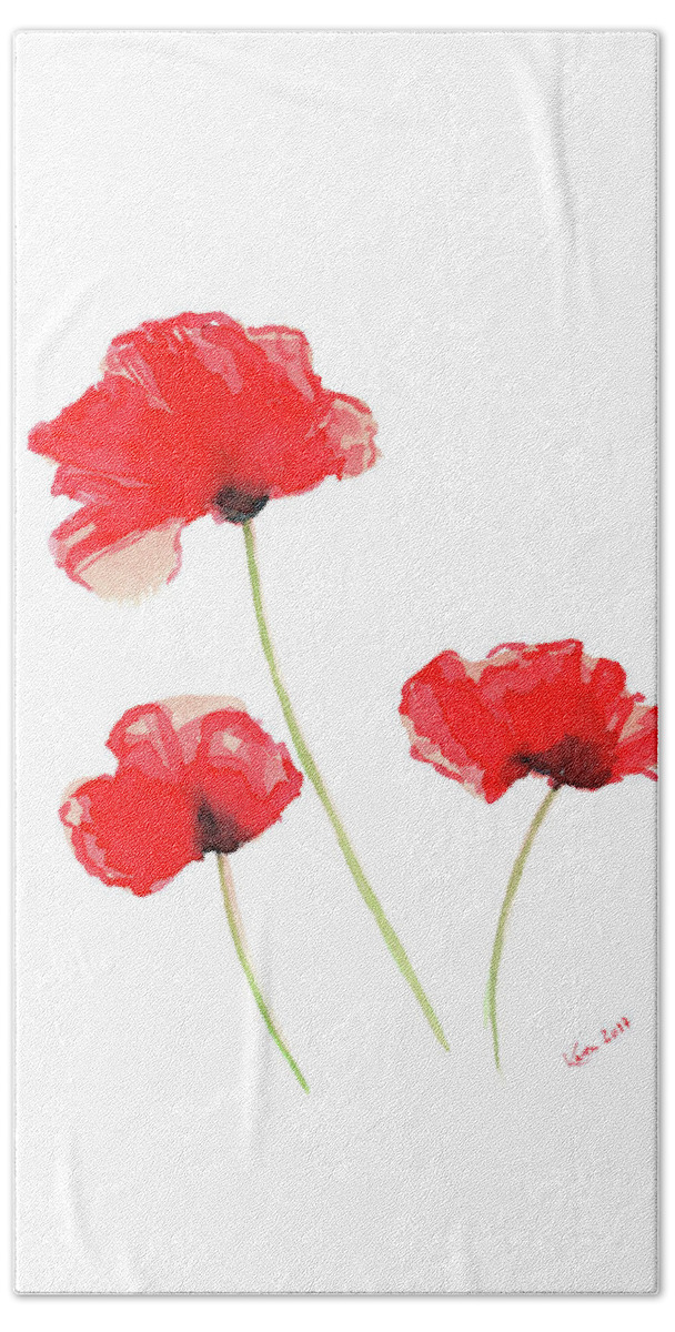 Poppy Beach Towel featuring the painting Three red poppies by Karen Kaspar
