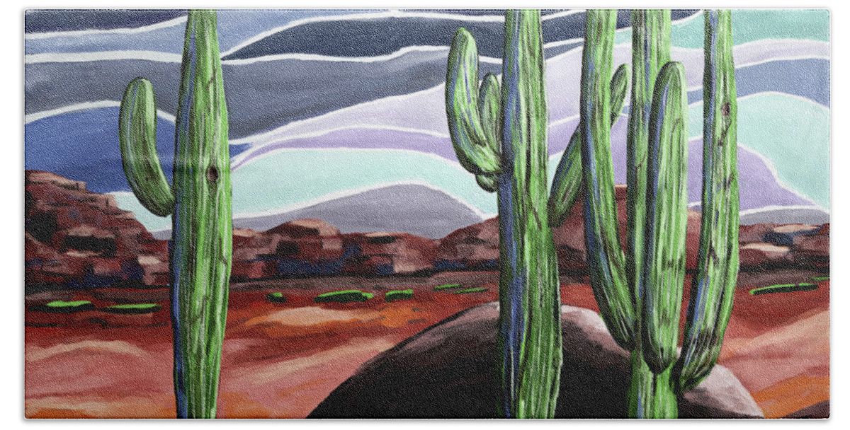 Saguaros Beach Towel featuring the digital art Three Saguaros by Ken Taylor