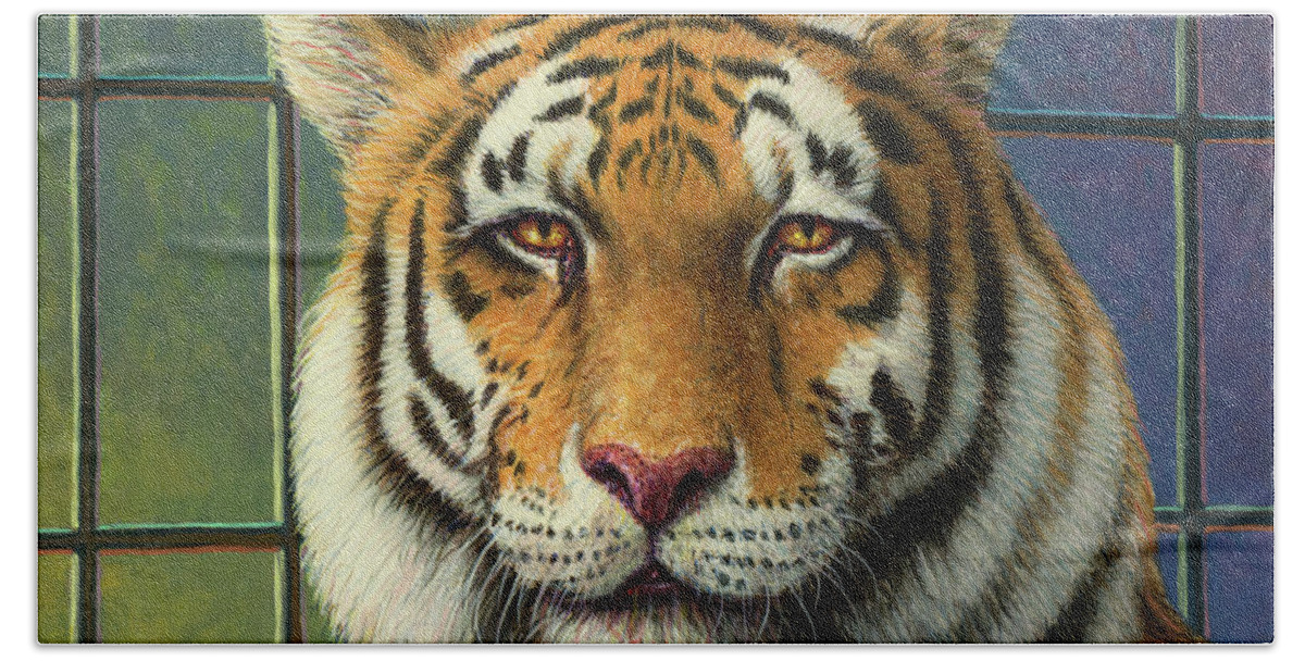 Tiger Beach Towel featuring the painting Tiger in Trouble by James W Johnson