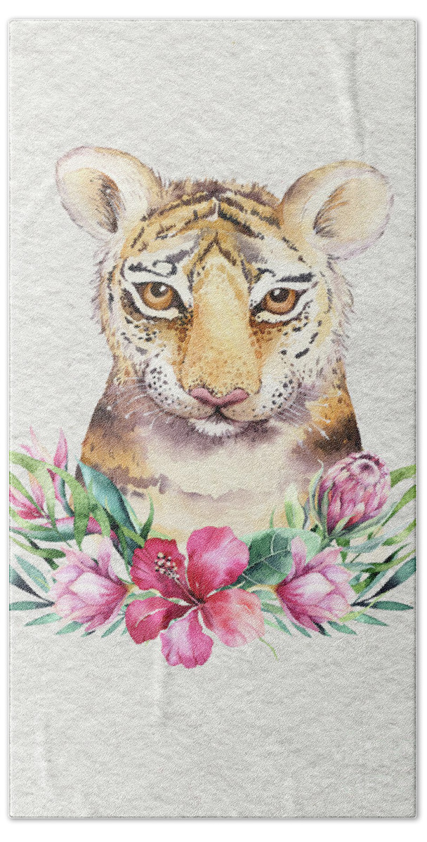 Tiger With Flowers Beach Towel featuring the painting Tiger With Flowers by Nursery Art