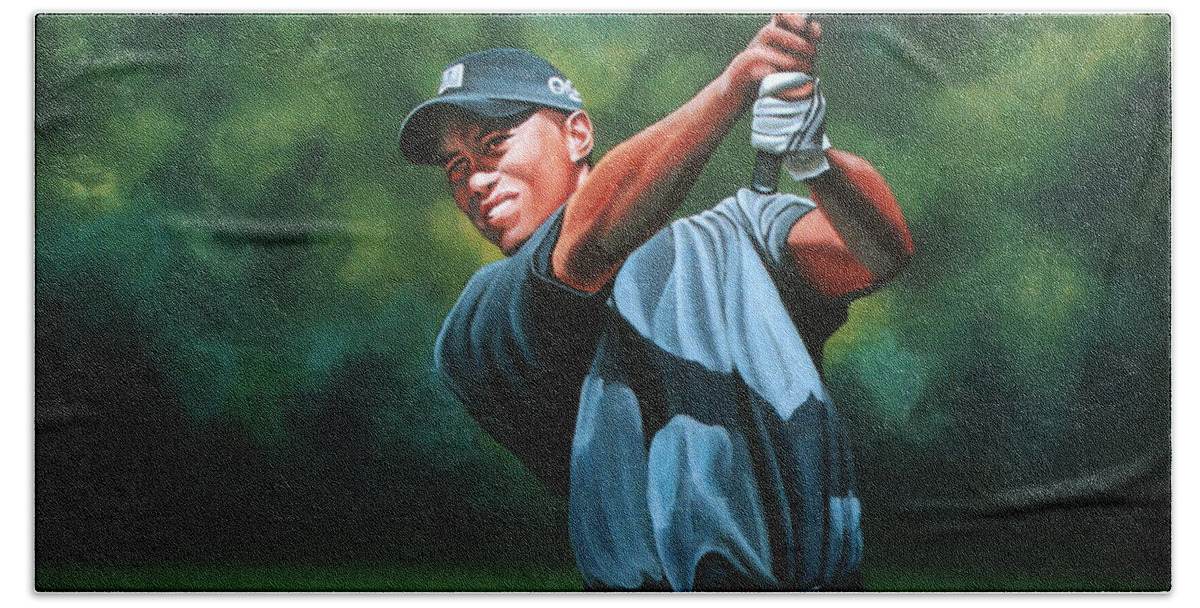 Tiger Woods Beach Towel featuring the painting Tiger Woods Painting 2 by Paul Meijering