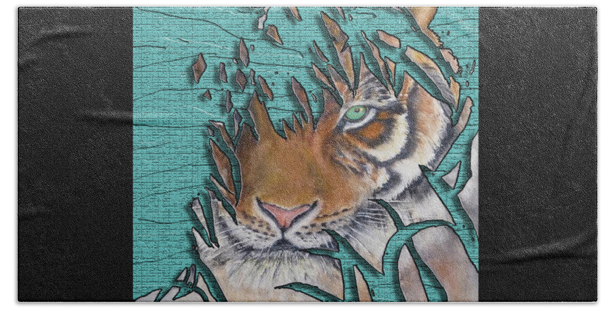 Lurking Tiger Beach Towel featuring the mixed media Tiger's Gone to Pieces No.2 by Kelly Mills