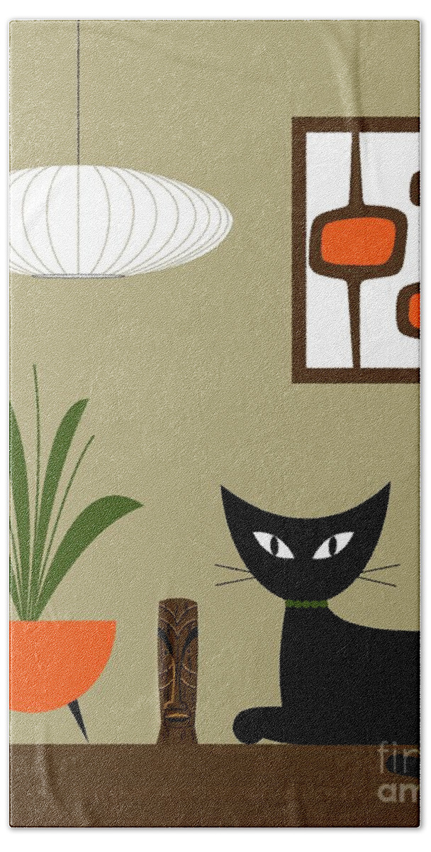 Mid Century Black Cat Beach Towel featuring the digital art Tiki Tabletop Cat with Pods by Donna Mibus