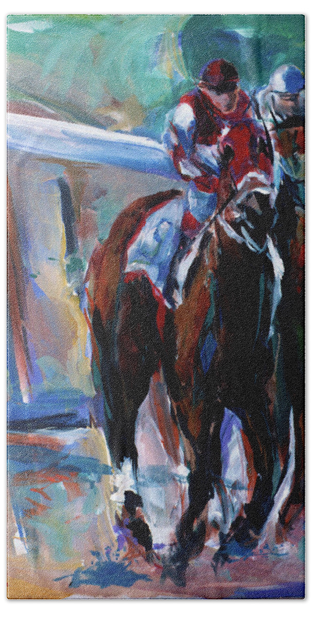 Kentucky Horse Racing Beach Towel featuring the painting To The Finish by John Gholson