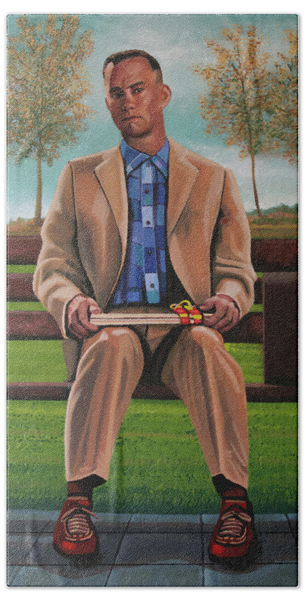 Forrest Gump Beach Towel featuring the painting Tom Hanks in Forrest Gump Painting by Paul Meijering
