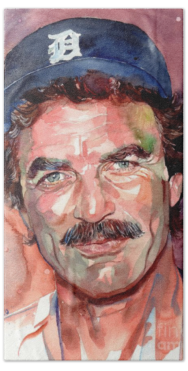 Tom Selleck Beach Towel featuring the painting Tom Selleck Portrait by Suzann Sines