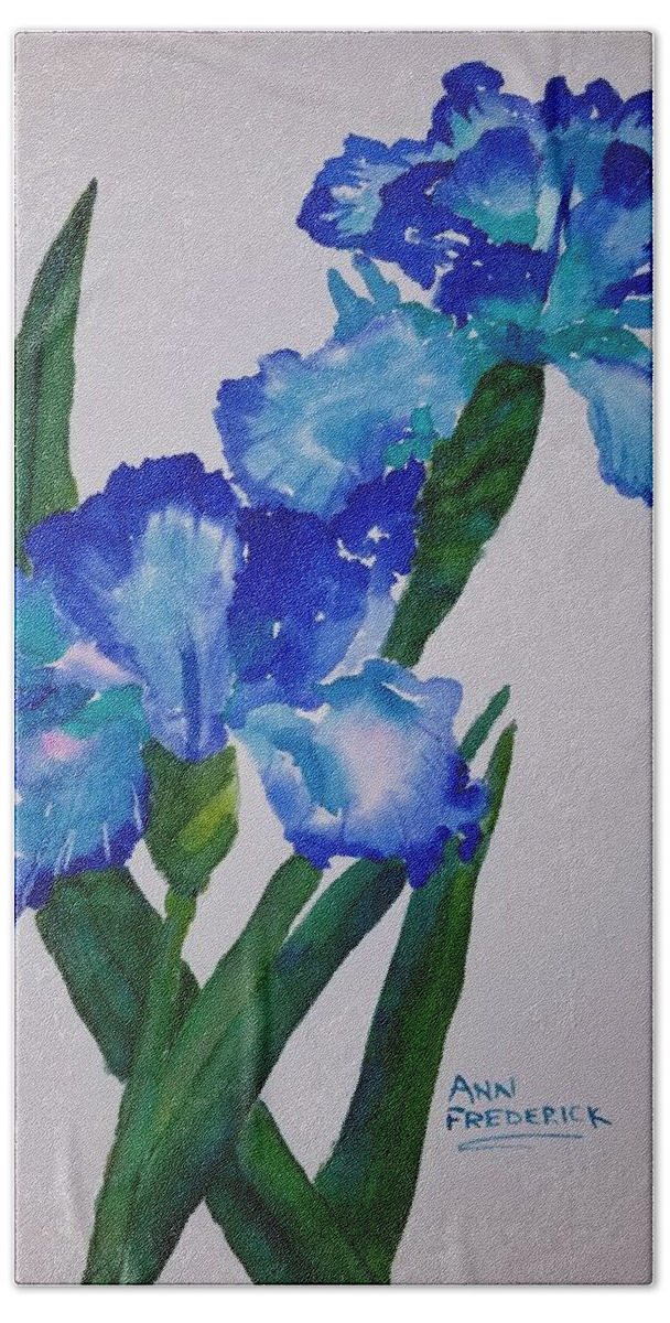 Iris Beach Towel featuring the painting Too Blue Iris by Ann Frederick