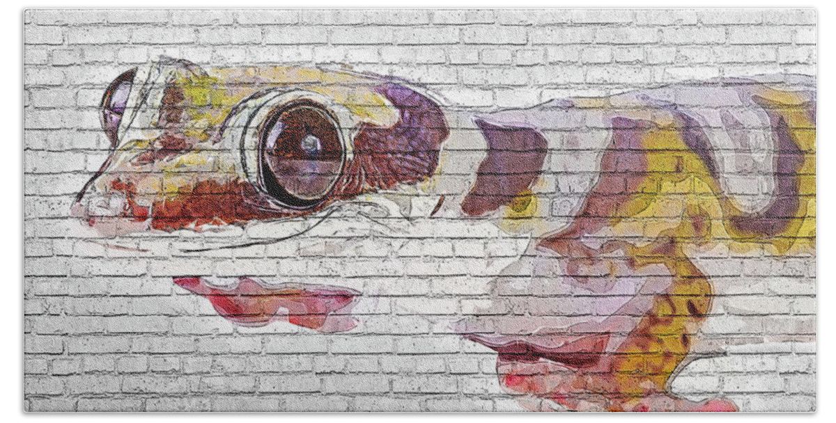 Lizard Beach Towel featuring the painting Totes adorb, Leppard Gecko - Brick Block Background by Custom Pet Portrait Art Studio