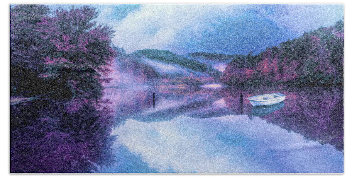 Carolina Beach Towel featuring the photograph Touch of Fog on the Lake at Nightfall by Debra and Dave Vanderlaan