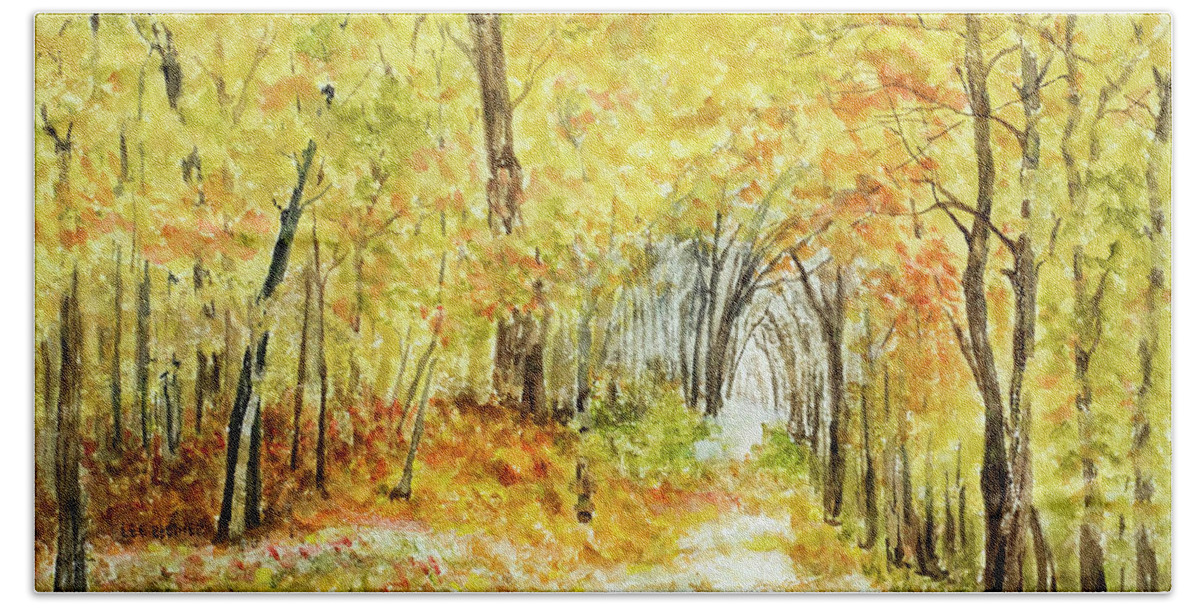Cuyahoga Valley Beach Towel featuring the painting Towpath in Fall by Lee Beuther