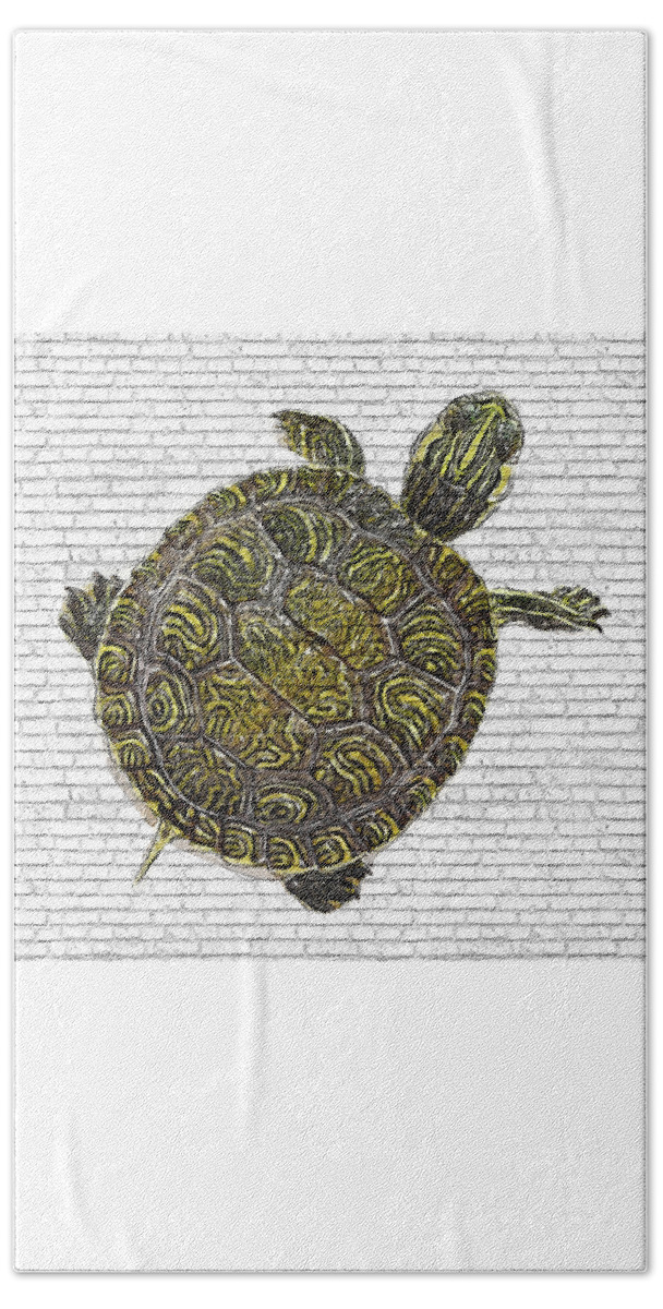 Turtles Beach Towel featuring the painting Trachemys scripta, Red-eared slider Baby - Brick Block Background by Custom Pet Portrait Art Studio