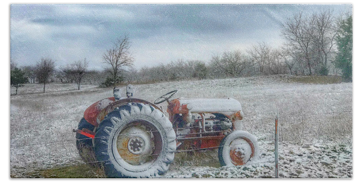 Snow Beach Towel featuring the photograph Tractor in the Snow by Pam Rendall