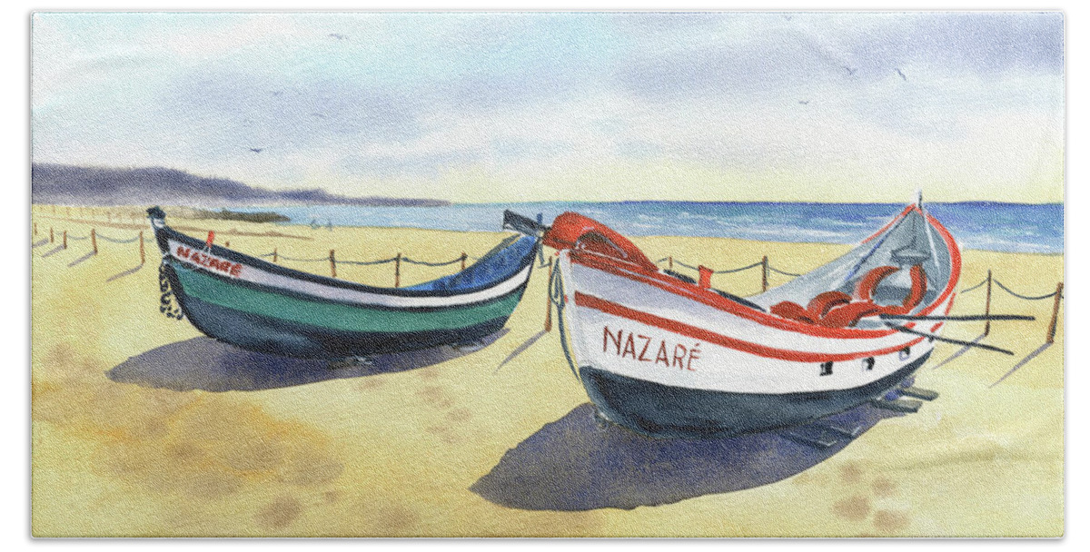 Portugal Beach Towel featuring the painting Traditional Boats in Nazare Portugal by Dora Hathazi Mendes