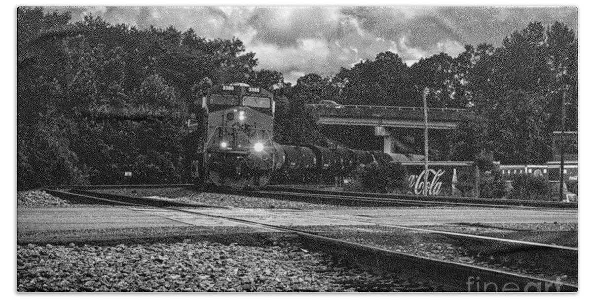 Trains Beach Towel featuring the photograph Train and Tracks in Black-White by DB Hayes
