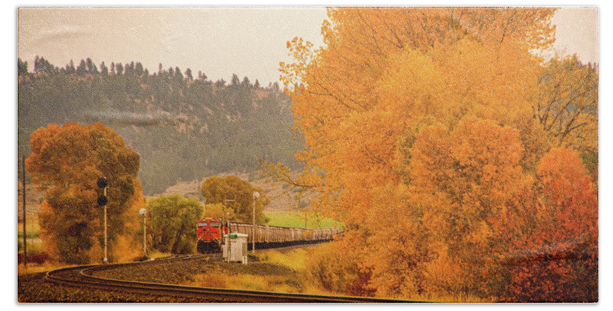 Autumn Beach Towel featuring the photograph Train in Autumn by Jeff Swan