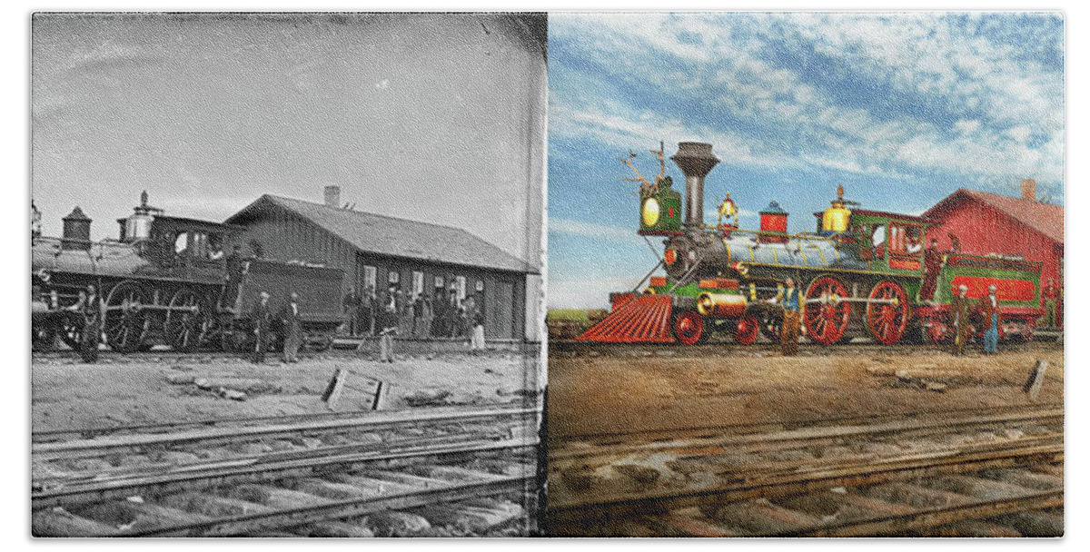 Train Beach Towel featuring the photograph Train - Locomotive - Apache Number 23 1868 - Side by Side by Mike Savad