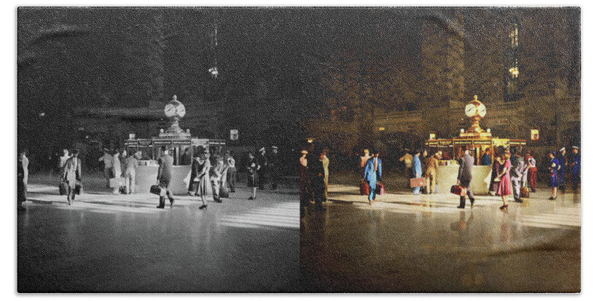 New York Beach Towel featuring the photograph Train Station - Meet me at the clock 1941 - Side by Side by Mike Savad