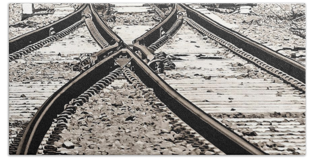 Train Tracks Rr Rail Road Stone B&w Beach Towel featuring the photograph Train Tracks2 by John Linnemeyer