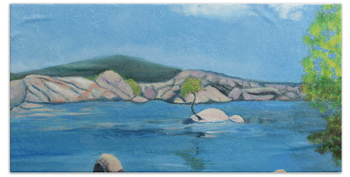 Lake Arizona Stillness Boulders Trees Hill Reflections Beach Towel featuring the painting Tranquility by Santana Star
