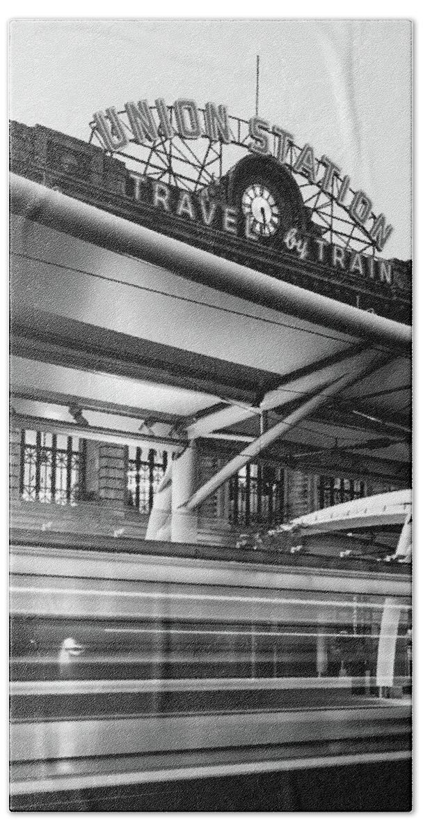 Denver Colorado Beach Towel featuring the photograph Traveling Through the Denver Colorado Union Train Station - Black and White by Gregory Ballos