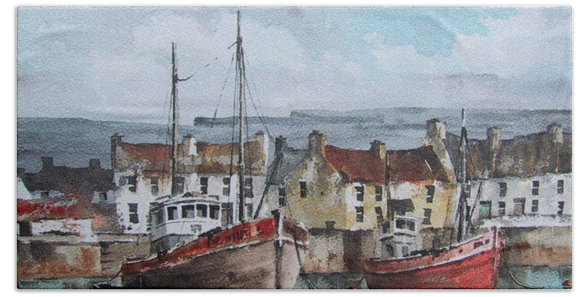  Beach Towel featuring the painting Trawlers in Inismore, Aran by Val Byrne