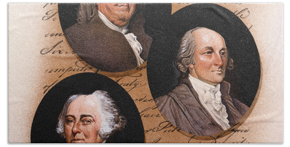 Jim Butcher Beach Towel featuring the painting The Treaty of Paris - American Signers - Franklin, Adams, Jay by Jim Butcher