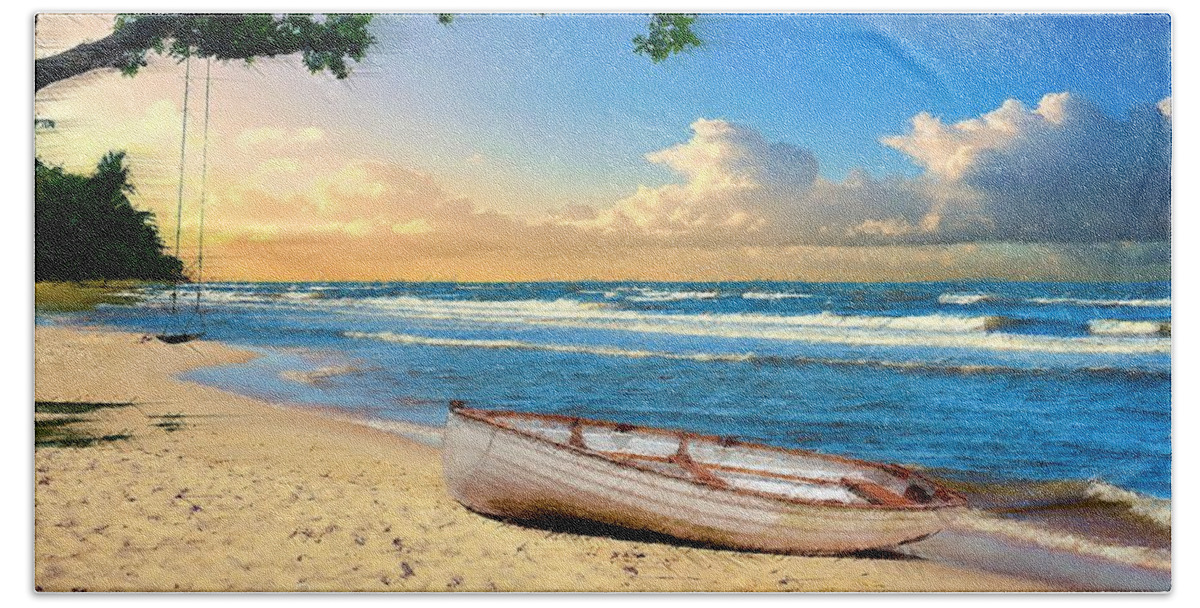 Rowboat Beach Towel featuring the digital art Tree Swing and a Rowboat by David Manlove