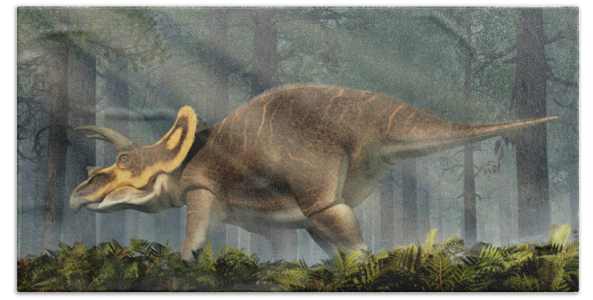 Triceratops Beach Towel featuring the digital art Triceratops in a Primeval Jungle by Daniel Eskridge