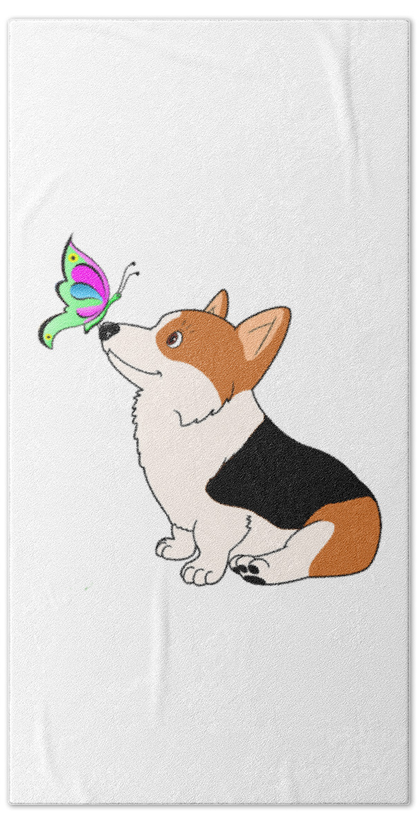 Welsh Corgi Beach Towel featuring the digital art Tricolor Corgi with Butterfly by Kathy Kelly