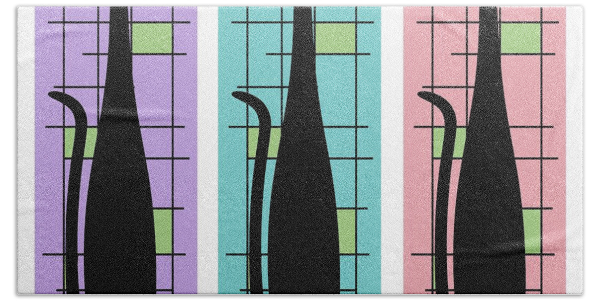 Mid Century Modern Beach Towel featuring the digital art Trio of Cats Purple, Blue and Pink on White by Donna Mibus