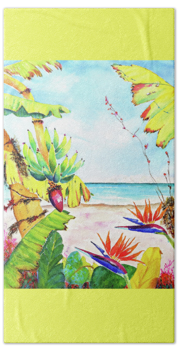 Tropical Beach Towel featuring the painting Tropical Beach Garden Ocean View by Carlin Blahnik CarlinArtWatercolor