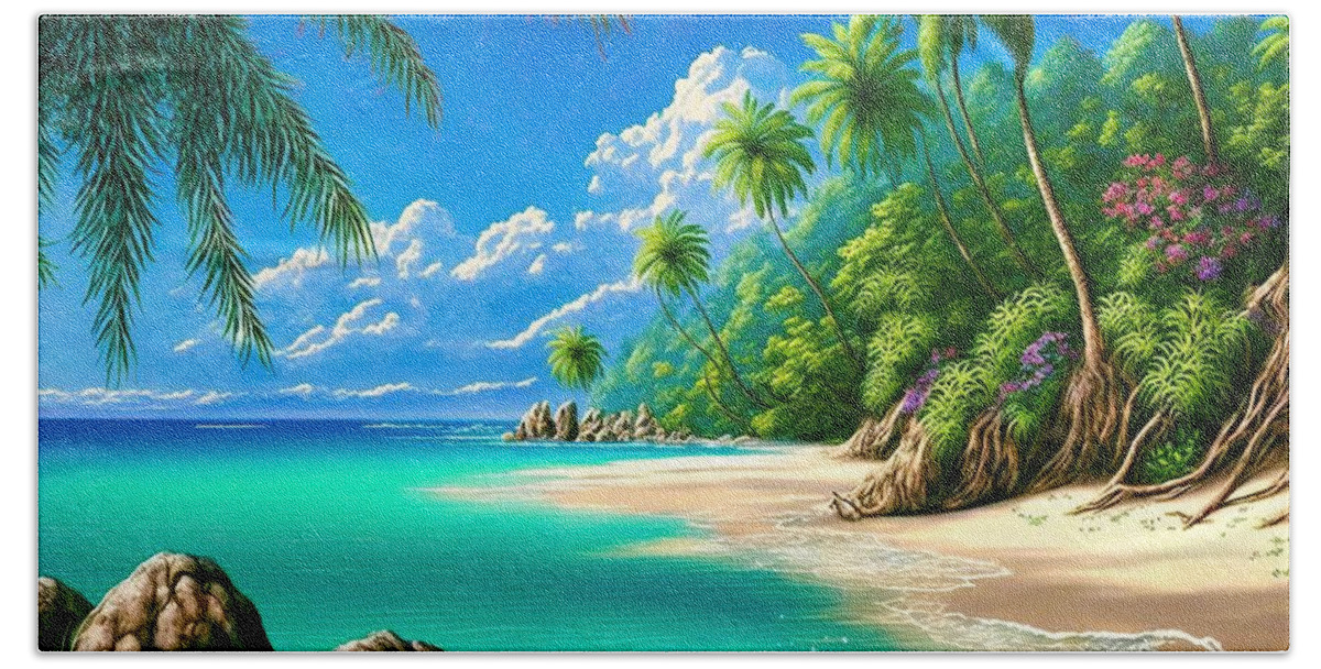 Tropical Beach Towel featuring the digital art Tropical Paradise Beach 01 by Matthias Hauser