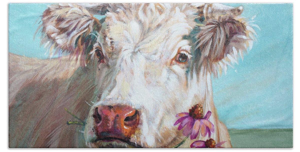 Cow Beach Towel featuring the painting Trouble 5.0 - Cow Painting by Annie Troe