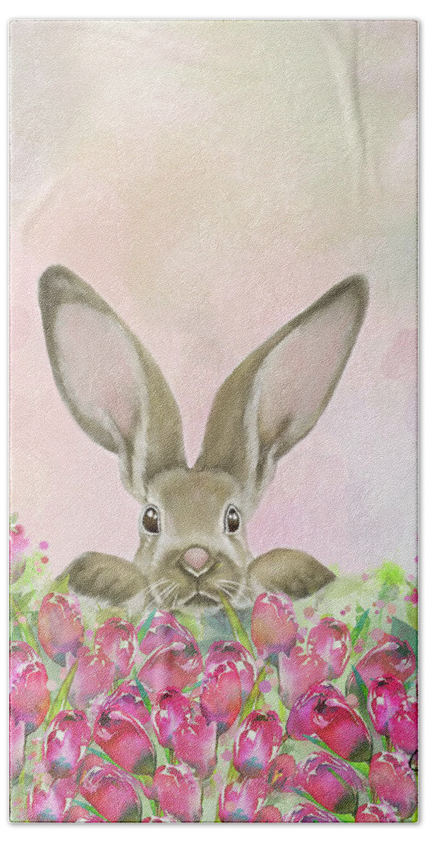 Rabbits Beach Towel featuring the mixed media Tulip Picking Time by Colleen Taylor